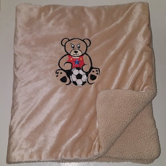 RN 130937 Teddy Bear Soccer Ball Brown Fleece Baby Blanket Lovey Security Red - Picture 1 of 6